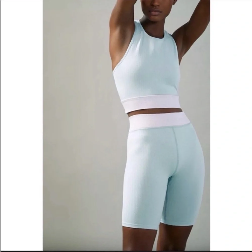 Anthropologie James Colorblock Biker Short Set Longline Sports Bra Blue Outfit